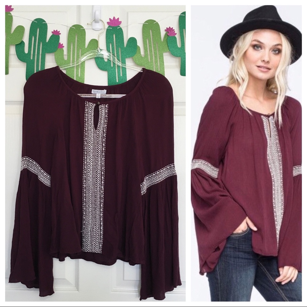 Patrons of Peace Maroon Crochet Bell Sleeve Top